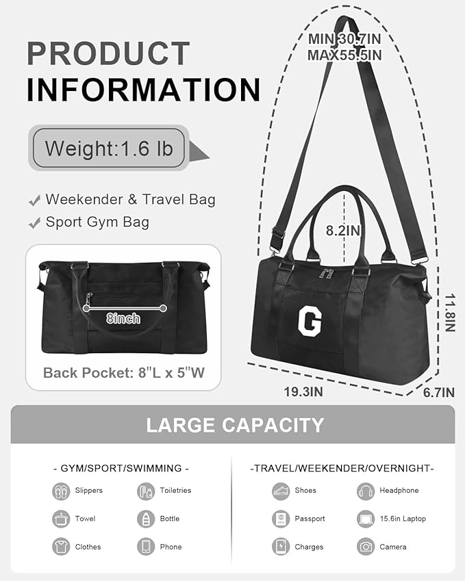 Initial Travel Duffel Bag Sports Gym Bag for Boys Teen Birthday Gifts,Black Personalized Weekender Bag Carry On Tote Bags for Men,Waterproof Overnight Luggage Bag Airplane Travel Essentials(Letter G)