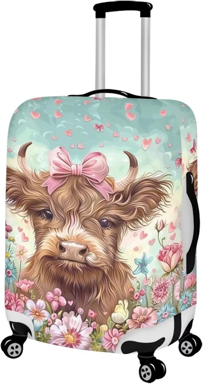 Highland Cow Suitcase Cover Flower Suitcase Protector Fits 30-32 Inch Luggage(Size XL) Anti-Scratch Washable Spandex Luggage Cover Stretchable Suitcase Covers with Zipper