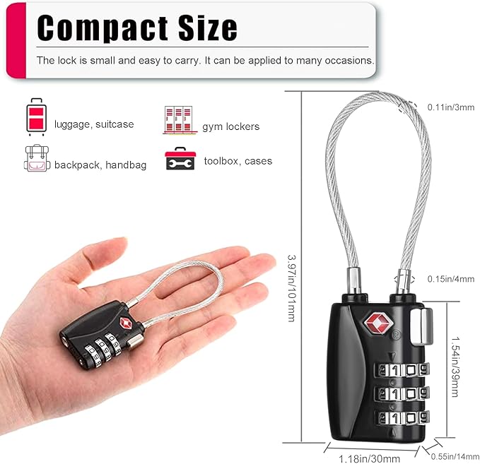 ZHEGE Luggage Lock TSA Approved 3 Digit Travel Cable Padlock with Alloy Body for Suitcase, Baggage, Backpack, Pistol Case (Black)