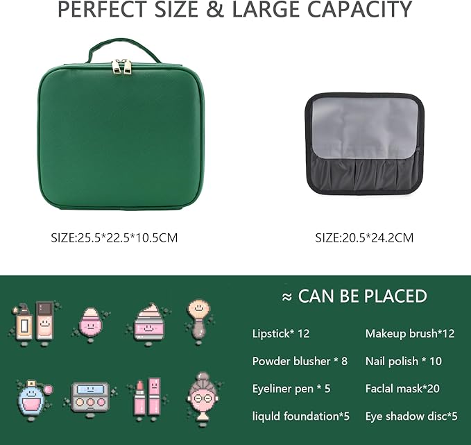 Makeup Bag with Led Mirror,Travel Makeup Organizer with 3 Color Setting, Portable Storage and Adjustable Dividers Travel Makeup Bag(Dark green)