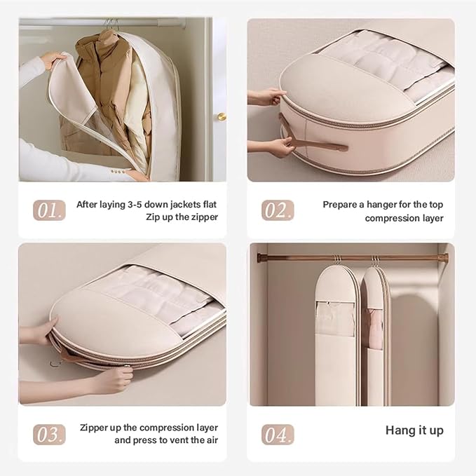 Space Saving Hanging Garment Bag with Self Compression Zipper, Space-Saving Dust-Proof Down Jacket Compression Storage Bag for Coats Blankets, Sweaters, Seasonal Clothes(Beige, XL)