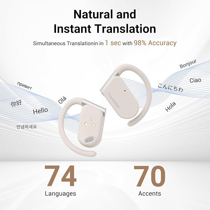 M9 AI Language Translator Earbuds Open-Ear Headphones Support 144 Languages & Accents Translation Earbuds Real Time Translator Device, Snug Fit, Ergonomic Ear Hooks Beige (With Offline Package)