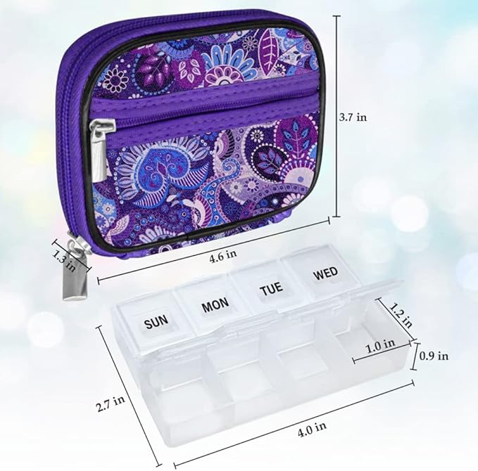 Serfeymi Weekly Travel Pill Organizer Pill Case for Purse with Removable 7 Day Pill Box, Fashionable Travel Medicine Organizer Pill Container for Medicine, Vitamin, Supplement - Purple 01 + Pill Box
