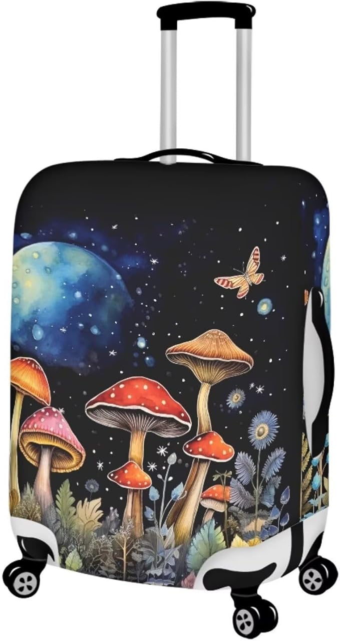 Butterfly Mushroom Print Travel Suitcase Cover Protector Elastic Zipper Closure Fit 26-29 Inch Luggage