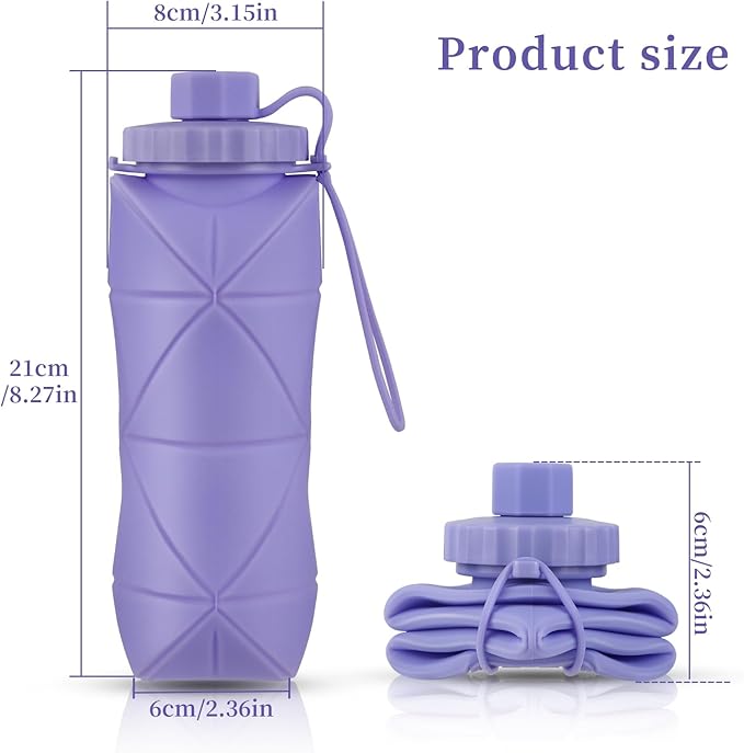 YCT Collapsible Silicone Travel Water Bottle 20oz (600ml), Reuseable Leakproof BPA Free Foldable Sports Bottle, with Carrying Strap, Dark Gray + Blue