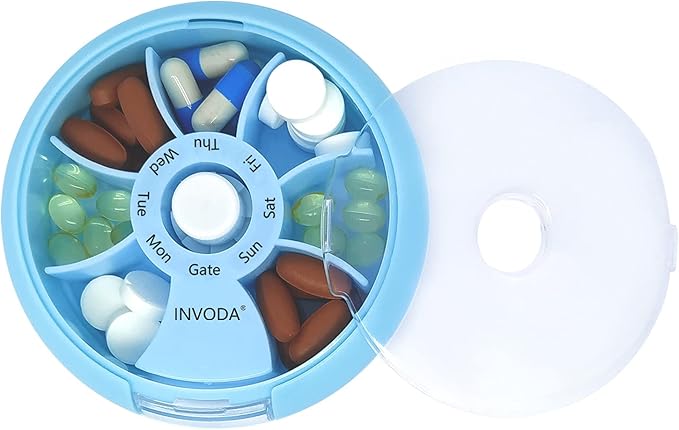 INVODA Weekly Pill Organizer 7 Compartment Rotating Pill Box for Daily Medication & Vitamins - Portable Travel Pill Case Fish Oil Supplements Vitamins Organizer (Blue+Bag)