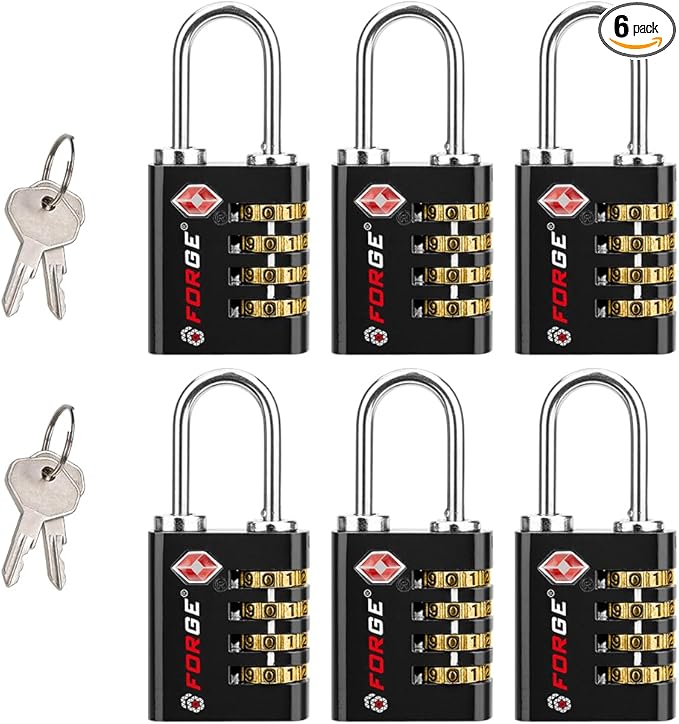 Forge Dual-Opening: Key or Combination Access Lock, TSA Approved Locks for Luggage, Pelican case, Travel, Gym, School, Stainless Steel Shackle.(Black 6 Pk)
