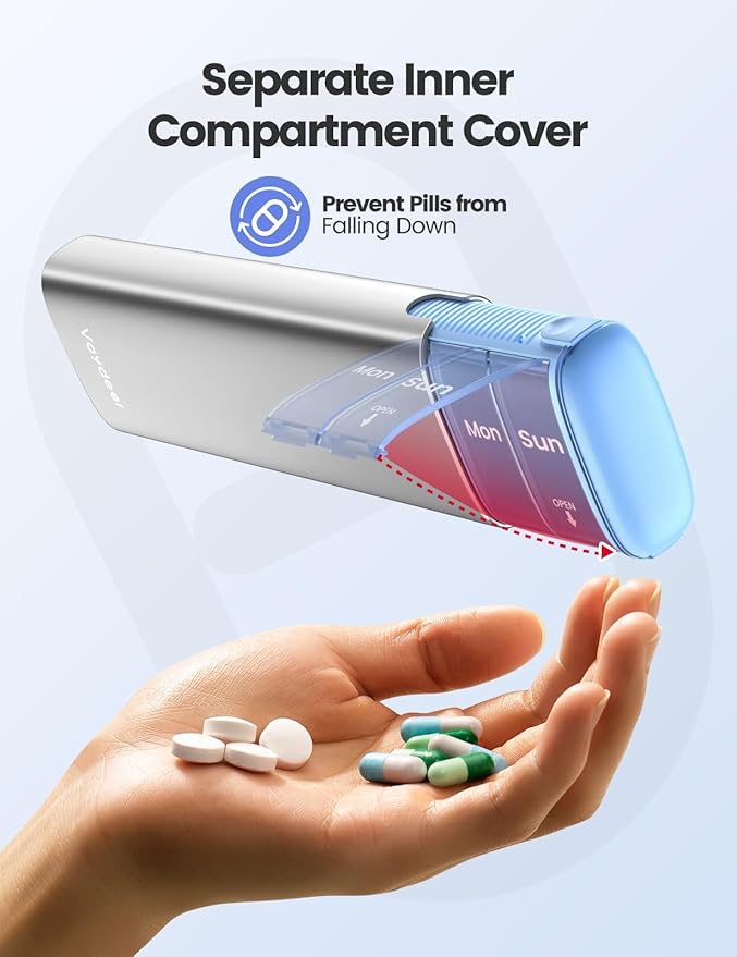 Vaydeer Metal Travel Pill Organizer, 7 Day Weekly Pill Box, Large Capacity Daily Cute Pill Case for Supplements, Pills, Vitamins and Medication (Small,Blue)
