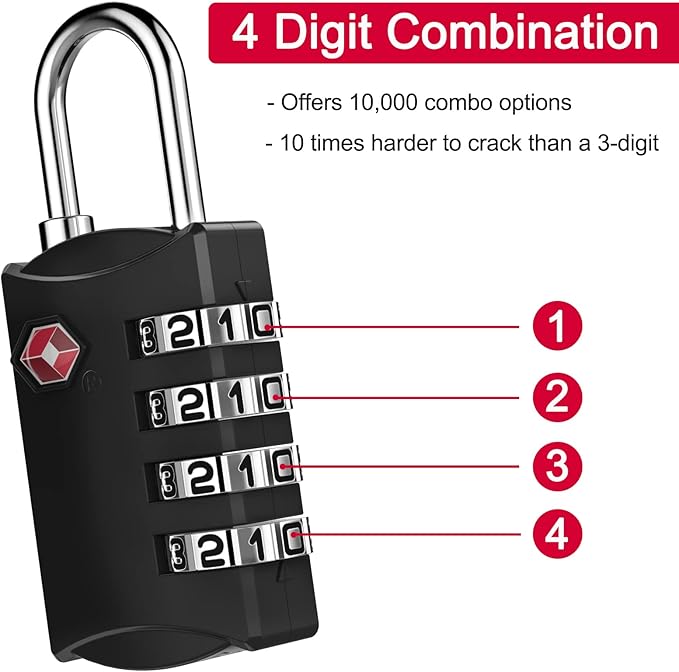 ZHEGE TSA Approved Luggage Lock for Train Travel, 4 Digit Combination Lock for School Gym Locker, Suitcase, Backpack, Cabinet, Drawer, Easy Read Dial with Alloy Body (1 Pack, Black)