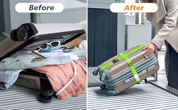 BILIONE Luggage Straps 88 inch Adjustable Suitcase Belt, Lockable Against Accidental Opening, Easy to Identify Travel Accessories, Add a Bag Connector Holds Suitcase Together (Energetic Green, 2)