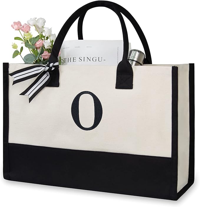 TOPDesign Embroidery Initial Canvas Tote Bag, Personalized Present Bag, Suitable for Wedding, Birthday, Beach, Holiday, is a Great Gift for Women, Mom, Teachers, Friends, Bridesmaids (Letter O)