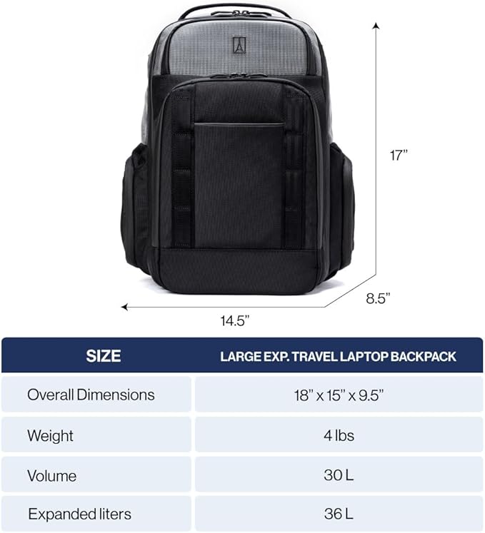 Travelpro Altitude Large Expandable Travel Laptop Backpack 30-36L, 16 Inch Laptop, Water Resistant, Work, Business, Men and Women, Falcon Grey