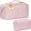 Birthday Gifts for Women Teen Girl, Personalized Initial Makeup Organizer Bag Set, Open Flat Travel Cosmetic Bag With Clear Divider and Handle(Pink,J)