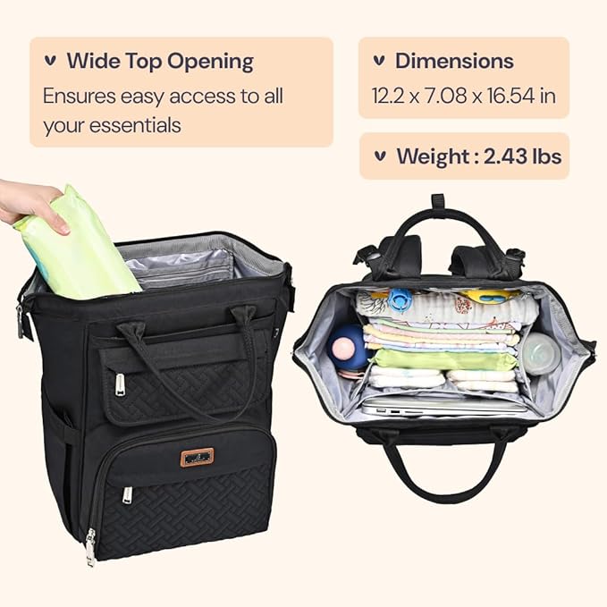 BabbleRoo Diaper Bag Backpack, Multifunction Nappy Changing Bag with Changing Pad, Stroller Straps & Pacifier Case, Unisex Stylish Travel Back Pack for Moms & Dads - Black