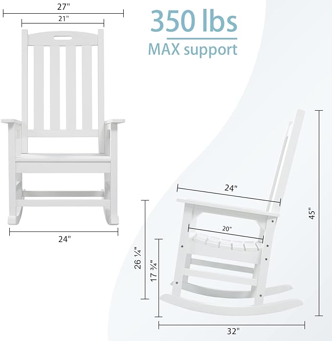 Psilvam Oversized Outdoor Rocking Chair Set of 2, Porch Rocker with 21" Wide Seat and 32" Tall Backrest, Pre-Assembled with Most Components for Effortless Installation (White)