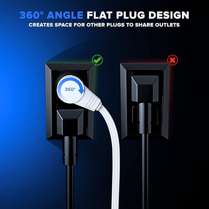 Maximm Cable 1 Ft 360° Rotating Flat Plug Extension Cord/Wire, 16 AWG Multi 3 Outlet Extension Wire, 3 Prong Grounded Wire - White - UL Certified