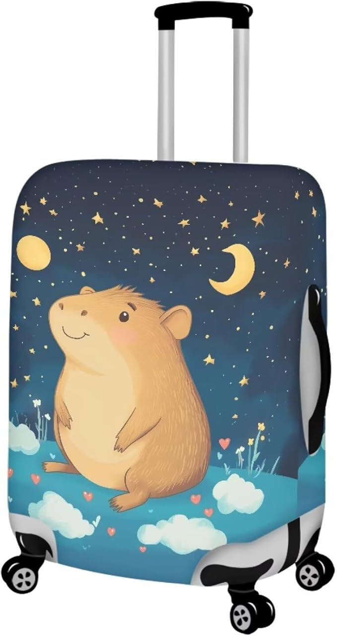 Capybara Suitcase Cover Cute Luggage Cover Protector Invisible Zipper Closure Travel Luggage Protector Fit 26-29 Inch Anti-Scratch Stretchable Suitcase Protector, Moon and Star
