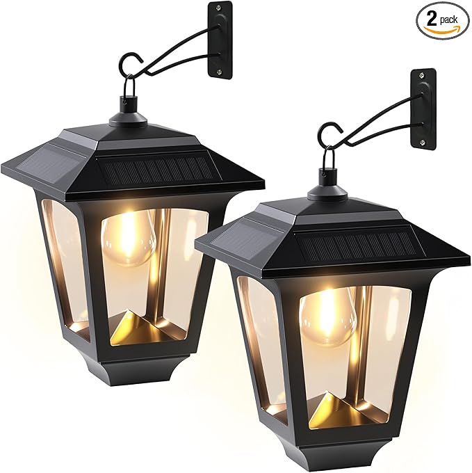 PASAMIC 2 Pack Solar Wall Lights with Replaceable Bulb, IP65 Waterproof Outdoor Sconce, 4 Solar Panels, 3000K Warm White, Automatic Dusk to Dawn Lighting for Porch, Garden, Patio, Garage, Fence