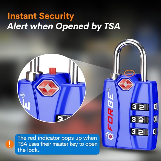 Forge TSA Luggage Combination Lock - Open Alert Indicator, Easy Read Dials, Alloy Body- Ideal for Travel, Lockers, Bags (Blue 4Pk)