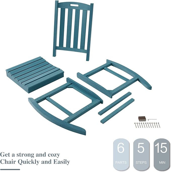 Psilvam Oversized Outdoor Rocking Chair, with 21" Wide Seat and 32" Tall Backrest, Pre-Assembled with Most Components for Effortless Installation (Blue)