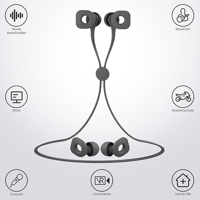 2 Pairs of Earplugs for Sleeping,Reusable Hearing Protection Earplugs with 8 Pairs Ear Tips & One Connector Cord,Soft Earplugs for Noise Reduction,Concert,Musician & Work - 25dB-30dB, Grey