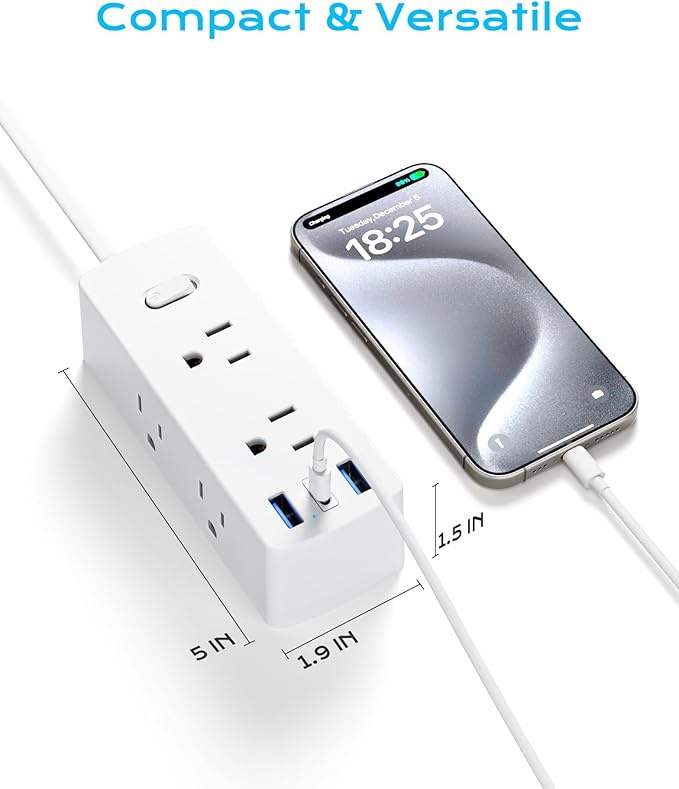 Italy Travel Plug Adapter, Olcorife US to Italy Type L Plug Adapter, International Power Strip with 6 Outlets and 3 USB(1 USB-C), 5 FT Cord for Italy Chile Ethiopia Libya