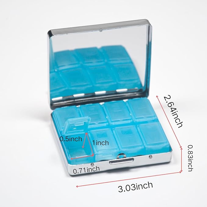 Silver Vintage Pill Box 7 Day Metal Pill Box with Mirror and 8 Compartments Cute Travel Pill Organizer for Purse (Rock and Roll Skull Skeleton)