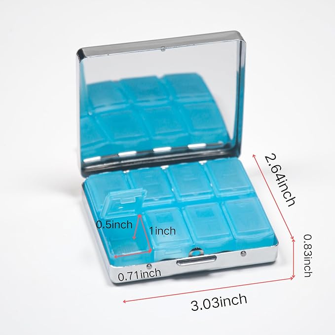 Silver Vintage Pill Box 7 Day Metal Pill Box with Mirror and 8 Compartments Cute Travel Pill Organizer for Purse (Stained Glass Cat)