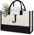 TOPDesign Embroidery Initial Canvas Tote Bag, Personalized Present Bag, Suitable for Wedding, Birthday, Beach, Holiday, is a Great Gift for Women, Mom, Teachers, Friends, Bridesmaids (Letter J)