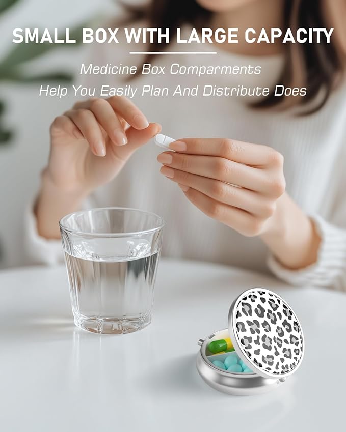 Pill Box, 3 Compartment Portable Travel Medicine Box with Mirror, Compact and Cute, Fits in Purse and Pocket, Medicine and Vitamin Organizer (Snow Leopard)