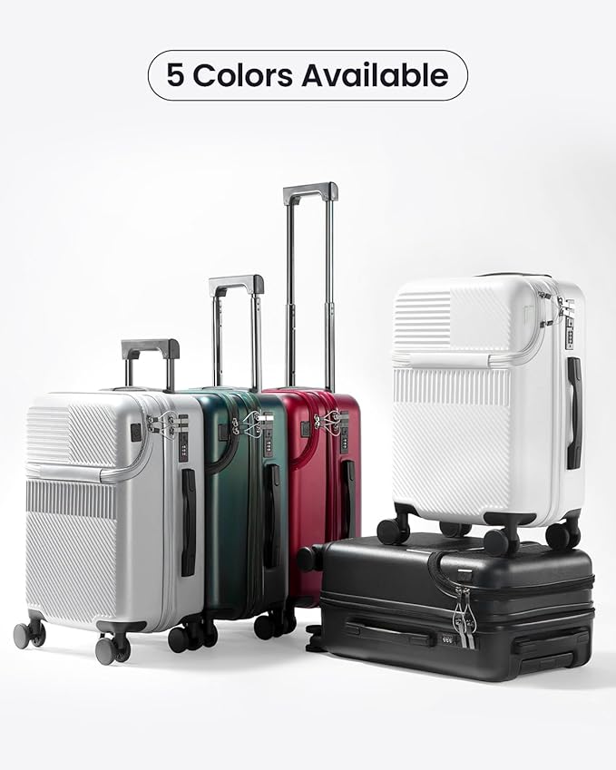UrbanExplorer 20 Inch Carry-On Luggage with Front Opening, Cup Holder & USB Port, Lightweight ABS+PC Hardshell Spinner Suitcase, Airline Approved, 360° Wheels, White