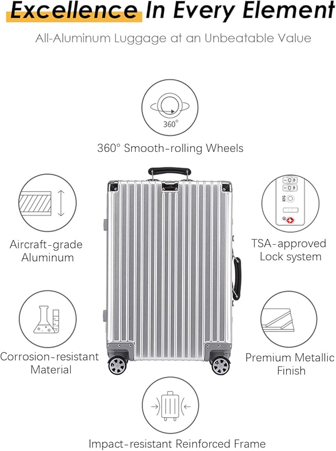 HotWay 20 Inch All Aluminum Carry On Luggage with Leather Handle, Hard Shell Zipperless Suitcase with TSA Locks and Spinner Wheels, Black Travel Luggage (22x14x9 Airline Approved)