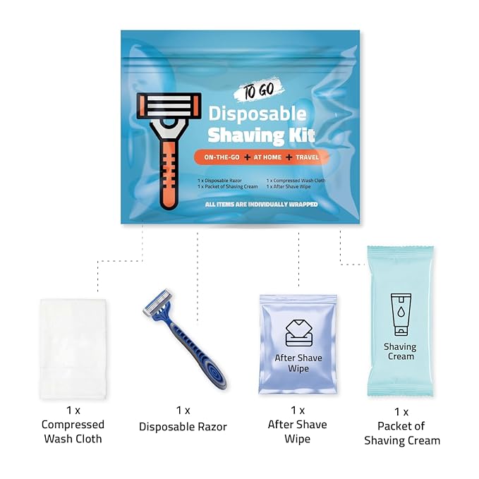 Shaving Kit with Razor, Shaving Cream, Washcloth & Aftershave Wipe – Men’s Travel Shave Set for Hotels, Shelters & Outreach – Disposable Grooming Pack (Blue) (3)