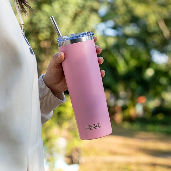 koodee 20 oz Skinny Tumbler (2 Pack) Stainless Steel Double Wall Insulated Water Tumbler Cup with Straw, Slim Travel or Women Diy Birthday Gift (Purple-Pink)
