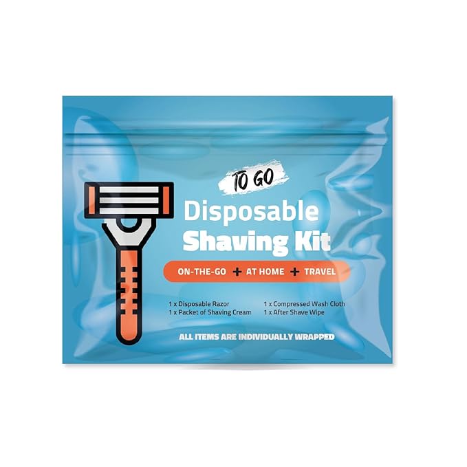 Shaving Kit with Razor, Shaving Cream, Washcloth & Aftershave Wipe – Men’s Travel Shave Set for Hotels, Shelters & Outreach – Disposable Grooming Pack (Blue) (1)