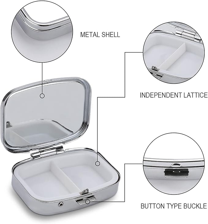 Metal 2 Compartment Pill Organizer Travel Friendly Portable Compact Pill Box Cute Pill Case to Hold Vitamins,Fish Oil,Supplements,Meds,Tablet for Purse,Pocket. (The Skeleton on The Moon)