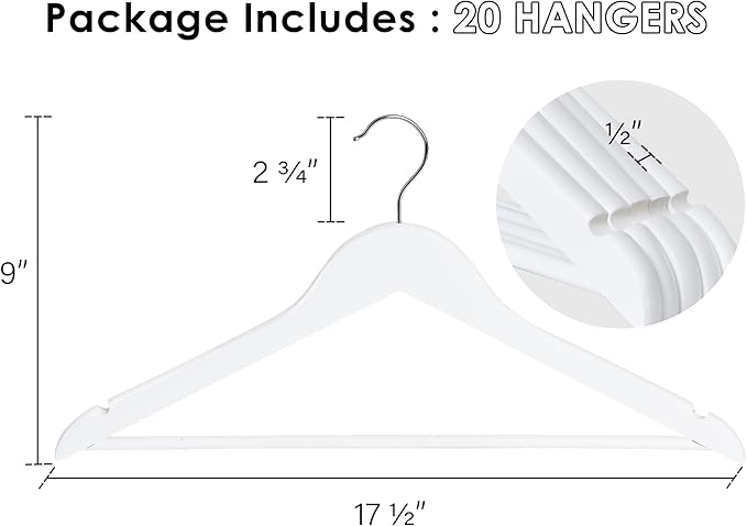StorageWorks Wooden Hangers, Wood Coat Hanger for Coats, Shirts, Jackets, Pants, Suits, White Color, 20 Pack