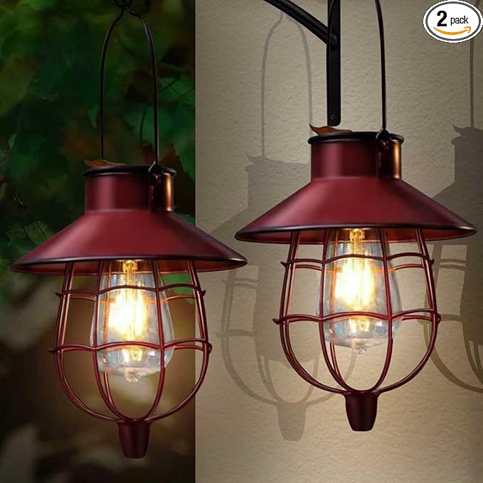 2 Pack Solar Lanterns Outdoor Waterproof Hanging Solar Lights with Vintage Metal Warm White Light Edison Bulb Design, Decorate for Garden Yard Porch and Christmas (Red)