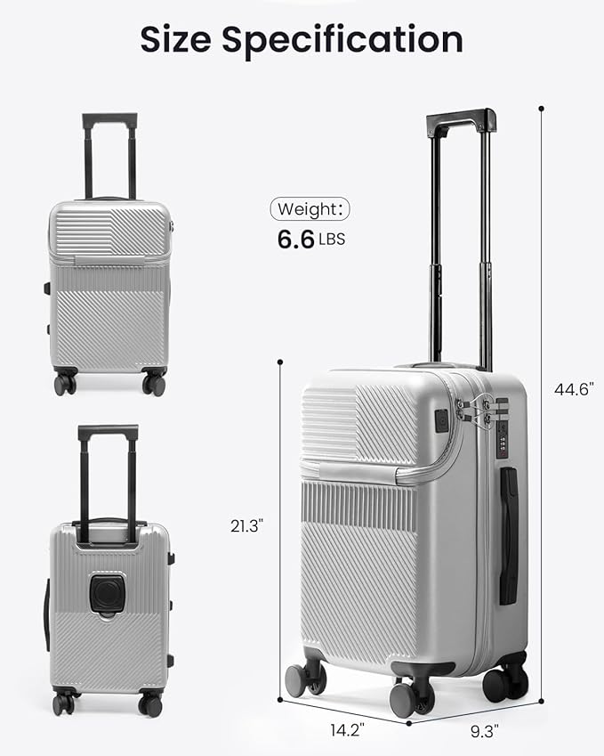 UrbanExplorer 20 Inch Carry-On Luggage with Front Opening, Cup Holder & USB Port, Lightweight ABS+PC Hardshell Spinner Suitcase, Airline Approved, 360° Wheels, White