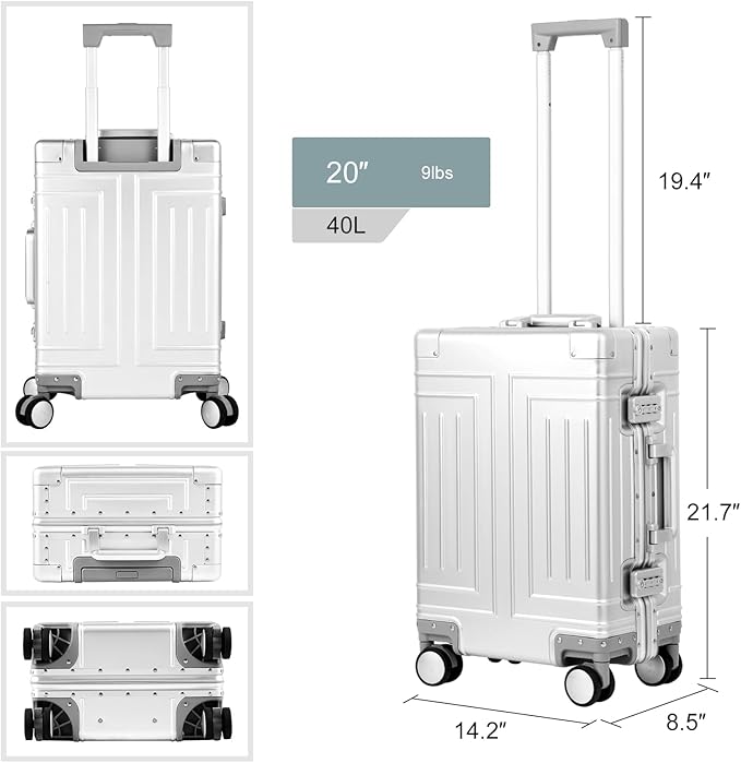 All Aluminum Magnesium Carry On Luggage，Cut from Whole Aluminum Sheet，22x14x9 Airline Approved ，（3rd Generation，Premium Magnesium Metal zipperless suitcase ） (silvery, 20+28inch)
