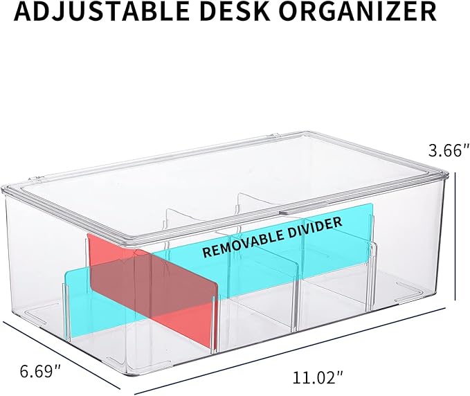 Yesesion Clear Plastic Storage Bins with Lid, Large Cable Organizer Box with Lid and 20 Wire Ties, Adjustable Electronic Cord Management Case for Desk Drawer, Home Office, Art Crafts Supply (2 PACK)