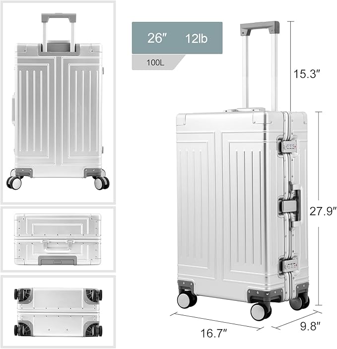 All Aluminum Magnesium Carry On Luggage，Cut from Whole Aluminum Sheet，22x14x9 Airline Approved ，（3rd Generation，Premium Magnesium Metal zipperless suitcase ） (silvery, 20+28inch)