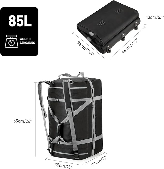 Foldable Rolling Duffle Bag with Wheels, 85L Extra Large Wheeled Travel Duffel, Waterproof Collapsible Weekender Luggage with Rollers for Storage Camping Sports Outdoor, Gray