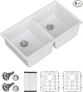 Dcolora 33 Inch Double Bowl Undermount Kitchen Sink White Deep Double Basin Prep Sink 50/50 Split Granite Composite 33"×19"×10“,#DC-GU001W