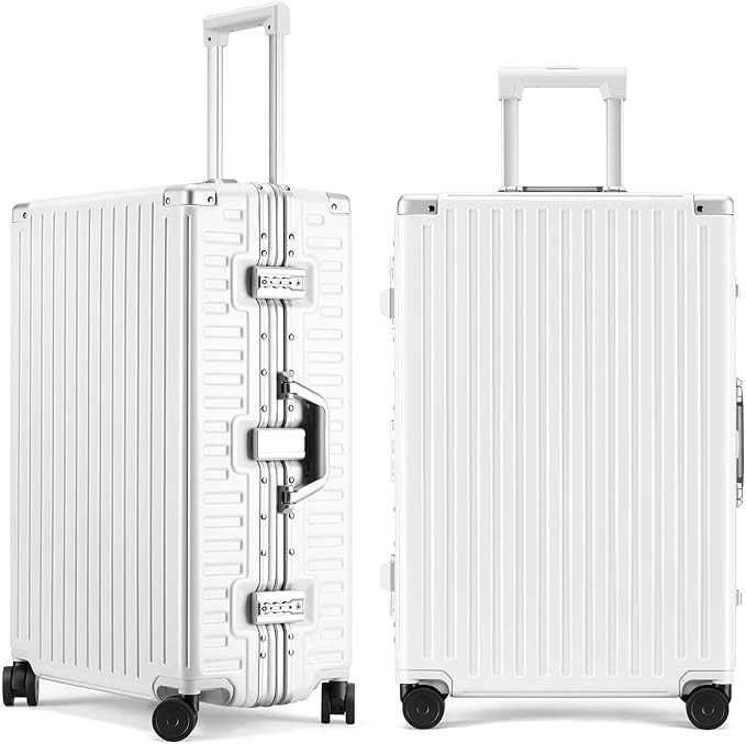 ROAMING Zipperless Luggage 26 Inch with Aluminum Frame, Checked-Large Lightweight 3-Layer PC Hard Shell Suitcase with Spinner Wheels, Metal Travel Luggage with Three TSA Locks, Shell whit