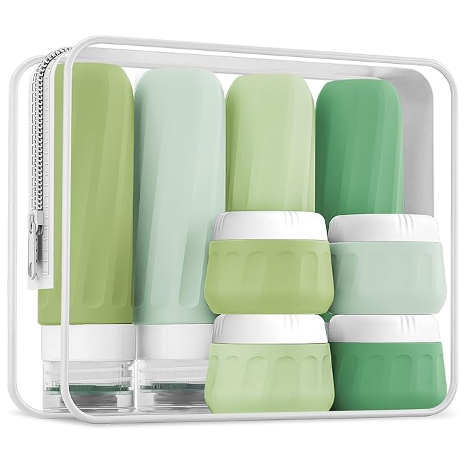 Travel Bottles for Toiletries, Travel Size Toiletries 10 Pack, Tsa Approved Travel Size Containers 3oz, with Travel Essentials Clear Bag, Leak Proof Silicone Squeezable Creams Jars