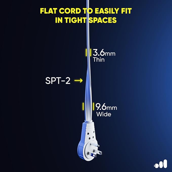 Maximm Cable 3 Ft 360° Rotating Flat Plug Extension Cord/Wire, 16 AWG Multi 3 Outlet Extension Wire, 3 Prong Grounded Wire - White - UL Certified