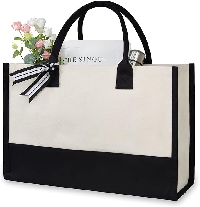 TOPDesign Classic White & Black Cotton Canvas Tote Bag, DIY Your Creativ Designs (Blank)