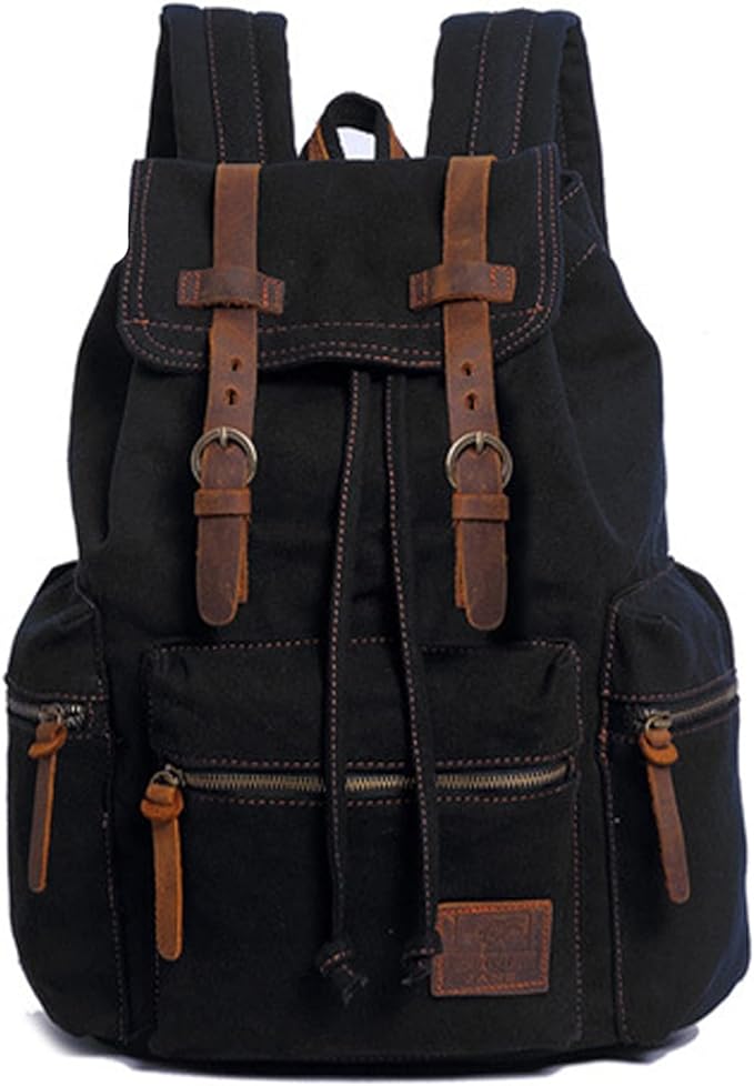 AUGUR High Capacity Canvas Vintage Backpack - for School Travel 12-15.6" Laptop Backapcks for Men Casual Daypacks Rucksack (L-Black)