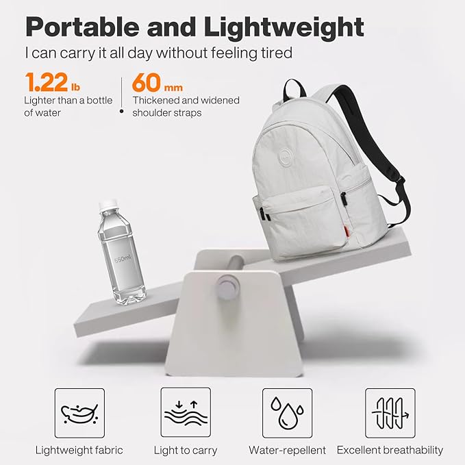 mixi Outdoor Lightweight Backpack Casual Carry On Laptop Backpack Travel Bookbag for Women Men, Water Resistant Durable Small Hiking Bag for Camping Weekender Sports College Work, 15 Inch, Light Gray